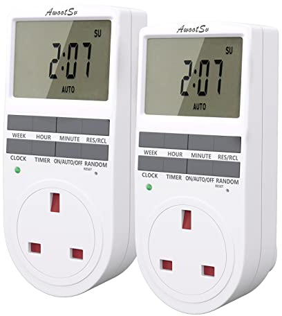 2 Pack Awootsv Digital Security Timer Plug Socket 10 ON-Off Programs Programmable Switch with Random Mode, 24 Hours/Weekly Indoor Automatic Switch, 230V, 13A, 2900W, White (TE05UK-1)