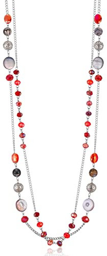 FULU AUTUMN Collier Long en Argent pour Femme Collier Élégance à Double Pendentif en Perles de Cristal Bijou de Mode Cadeau pour Femmes(09-Red)