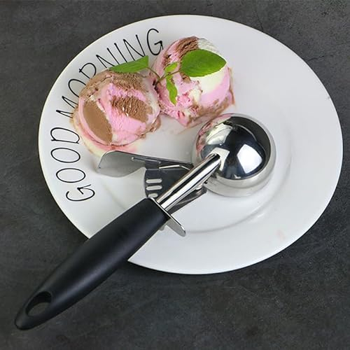 Eisportionierer aus Edelstahl, mit Auslöser und rutschfestem Gummigriff, Eislöffel zum Backen, Wassermelone, Frozen Joghurt (schwarz)