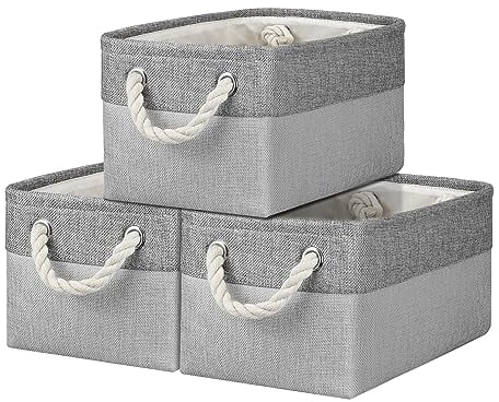 Small Storage Boxes for Shelves, Foldable Small Toy Storage Box with Handles, Canvas Storage Baskets for Socks Towels DVDs Books Makeup and Bathroom Toiletries (31x21x16cm/3 Pack, Grey&Light Grey)