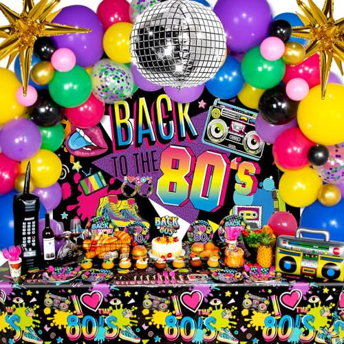HJINGY 80s Party Decorations 80's 90's Theme Party Bundle includes Inflatable Radio & Mobile Phone, Back To The 80's Backdrop, Tablecloth, Cake Toppers, Plates, Napkins for Hip Hop Party