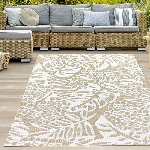 Teppich-Traum Wetterfester Outdoor Teppich Kunststoff wasserfest Garten Balkon Terrasse Camping Blätter-Design beige 120 x 170 cm