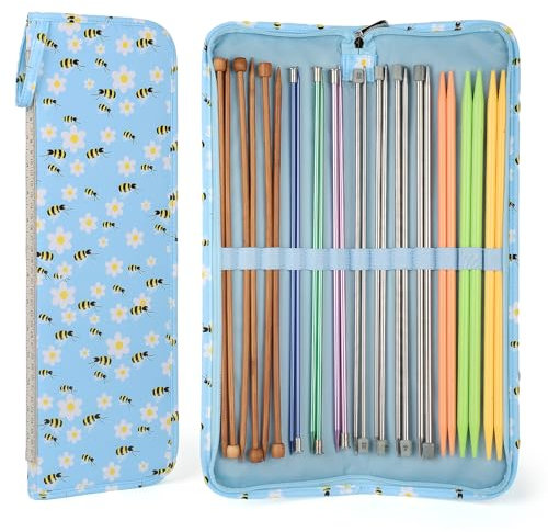 Aeelike Knitting Needle Case 40cm, Long Knitting Needles Holder, Blue Bee