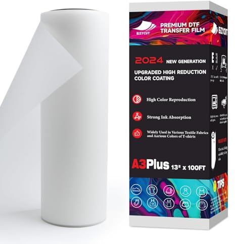 EIZYCUT DTF Transferfolienrolle 33 cm x 30,5 m – A3 Plus Premium DTF Folienrolle, doppelseitig, matt, PET-Wärmeübertragung, DTF-Papierrolle für alle dunklen Stoffe, Textilien und Farben, T-Shirts