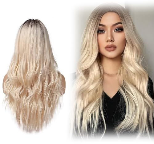 Leoeasiy PerrüCke Frauen,PerüCke Damen Echthaar,Echthaar PerüCke Blond,Peruecken Damen,Lange Gewellte Blonde PerüCke,Geeignet für Dating, Alltag, Rollenspiele, Themenpartys