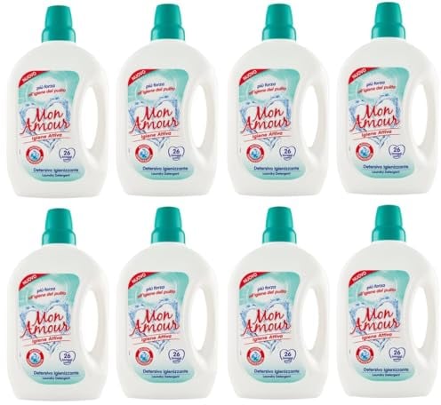 8x FELCE AZZURRA Mon Amour Igiene Attiva,Detersivo Liquido, Igiene per vestiti bianchi e colorati, 26 lavaggi, 1,560 l