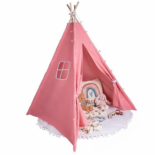 Relsy Tente tipi rose pâle pour enfants | Tipi de jeu pop-up pour filles et garçons 140 x 120 cm toile de coton avec étoiles lumineuses et accessoires de tapis
