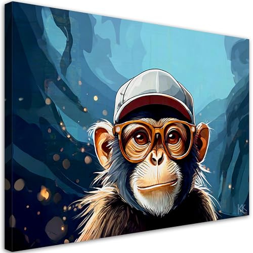 Feeby Wandbild - Wohnzimmer Modern Deko - Affe mit Kappe Pop Art - 60x40 1tlg - Bilder Leinwand - Bild auf Leinwand Schlafzimmer - Leinwandbilder für die Wand - Canvas Painting - Fotokunst