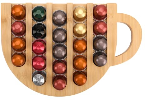 Coffee pod organizer. Responsibly Sourced Bamboo Self Adhesive Coffee Pod Holder for 24 capsules, no drilling coffee capsule display