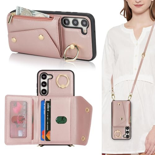 Lipvina Cover per Samsung Galaxy S23 Plus con cordino Porta Carte Custodia Samsung Galaxy S23 Plus con cerniera cordino Ring portafoglio donna - Rosa