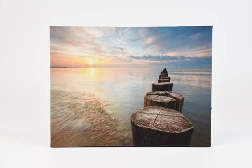 Nexos Trading LED Wandbild Beleuchtung 30x40 cm „Entspannender Sonnenaufgang“ mit 1 gelben LED und 30 Glasfasern Fotodruck Kunstdruck Leuchtbild Sonnenaufgang Batterie Timer LED Kunstdruck