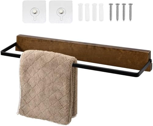 Qiannhee Holz Handtuchhalter ohne Bohren Schwarz 37cm Handtuch Halter Wandmontage mit Schraube Handtuchstange ohne Bohren Gästehandtuchhalter für Badezimmer Küchen Toilette Waschbecken Schlafzimmer