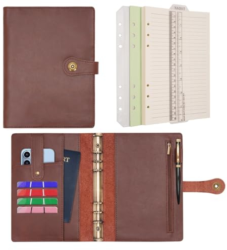 Wonderpool Ringbuch Notizbuch A5 Nachfüllbar Leder Tagebuch Organizer Binder Ordner mit Taschen Liniertes Papier Stift für Büro Schule Geschäft Reisen Planung Schreiben (Kaffee,A5)