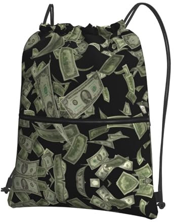 OdDdot Rucksack mit Dollarzeichen, Gelddruck, Kordelzug, Turnbeutel, Strandrucksack mit Reißverschlusstaschen, für Shopping, Sport, Yoga, Schwarz , One size