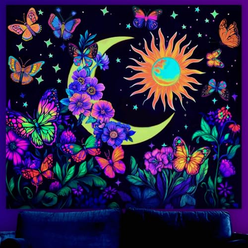 WEBEEDY Mondlicht Garten Leuchten Im Dunkeln Wandteppich UV Reaktive Blumen Schmetterling Wandteppich Sonne Mond Stern Ästhetische Kunst Poster Bunte Wandbehang Für Schlafzimmer Dekor 150x130cm