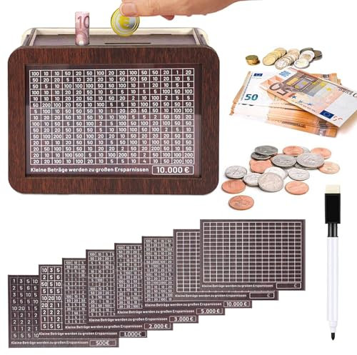 Betensh Spardose,sparschwein aus Holz mit zähler, Sparbox mit Zahlen Ankreuzen, Spardose €500 €1,000 €2,000 €3,000 €5,000 €10,000 Euro Ziel