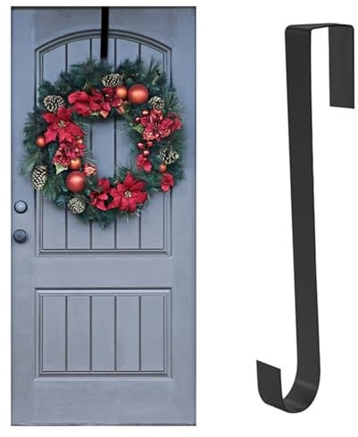Jsdoin Christmas Wreath Door Hanger, 12.5 Inches Metal Front Door Wreath Hook for Christmas Home Office Wall Wedding Wreaths or Decorations (Black, 1 Pack)
