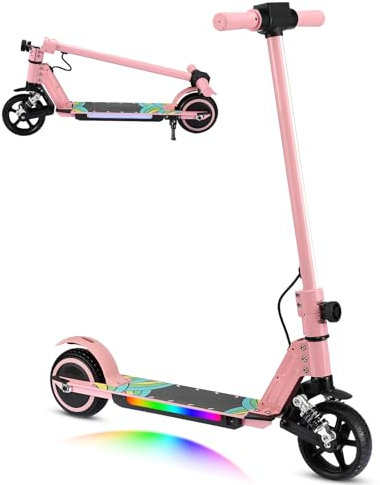 scoot4kids Monopattino Elettrico per Bambini, Età 6-12, Motore 130W, Velocità Massima 14 km/h, Autonomia 8 km, Luci LED Colorate, Design Pieghevole, Regalo per Bambini e Ado (Rosa)