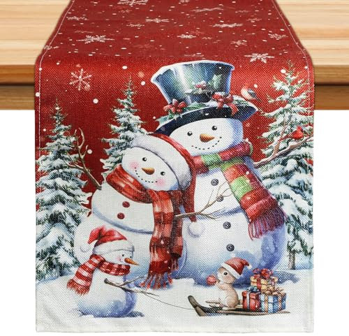 BOOMTOP Tischläufer Weihnachten Winter Schneemann Tischdecke Weihnachten Tischdeko Rot Weihnachtsbaum Schneeflocken Abwaschbar Weihnachtsläufer Tisch Küche Esstisch Party Dekoration 33 x 180 cm