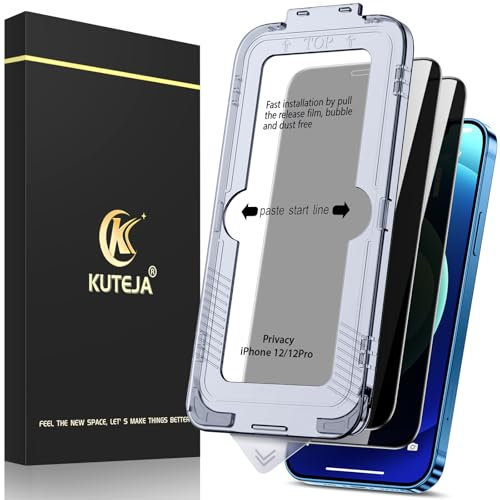 Kuteja 2 Pack Privacy Screen Protector for iPhone 12/12 Pro 6.1 inch, Anti-Spy Tempered Glass Film with Auto Dust-Elimination Installation Tool, Military-Grade Protection/Full Coverage