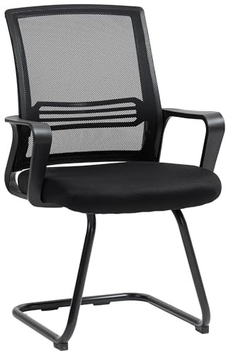 HOMCOM Ergonomic Desk Chair No Wheels, Padded Meeting Office Chair with Sled Base for Home Conference Room, Bedroom, Waiting, Reception, Black