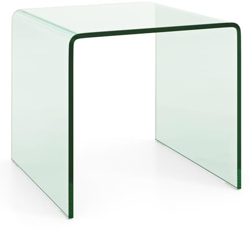 GYMAX Table Basse en Verre Trempé, Table d'Appoint Transparente avec Bords Courbe, Patins Antidérapants, Facile à Nettoyer, Design Moderne. pour Salon, Chambre, Bureau