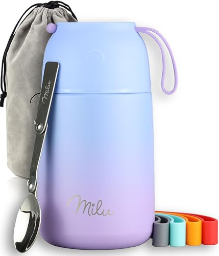 Milu Boîtes Alimentaires Isothermes 650 ml Boîte Isotherme Repas Chaud Porte-Aliments en Acier Inoxydable à Double Couche, Cuillère Pliante pour Ecole, Bureau (650ml/Bleu Violet)