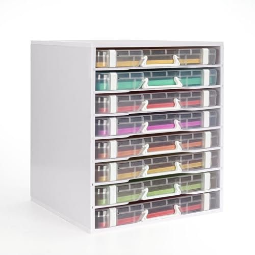 Krafetto 8.5 x 11 Scrapbook Paper Plastic Storage Box Tower, 8 Tiers Adjustable Dividers Craft Container Storage Shelf for A4 Paper Board Game Clear Organizer Case