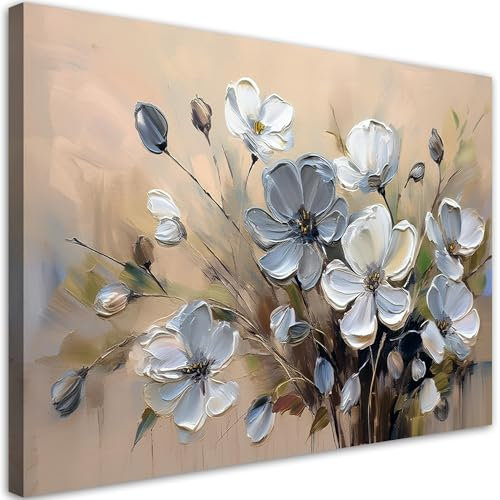 Feeby Leinwand Bilder - Bild Wohnzimmer - Graue Blumenstrauß-Abstraktion - 120x80 1tlg - Deko Schlafzimmer Groß - Dekoration Canvas - Gemälde - Modern Wandbilder - Kunstdruck