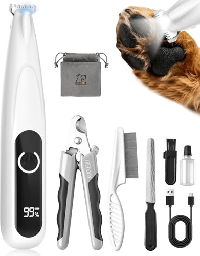 IREDOON Tondeuse de pattes de chien – Kit de toilettage pour chien avec écran LED, tondeuse à pattes à très faible bruit de 35 dB pour pattes de chien, coupe-ongles, tondeuse électrique sans fil pour