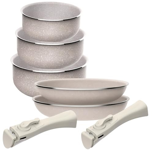 Juego de 5 pcs: 2 Sartenes Ø24Ø28cm y 3 Cacerolas Ø16Ø18Ø20cm en aluminio prensado con revestimiento ILAG con 2 mangos extraibles