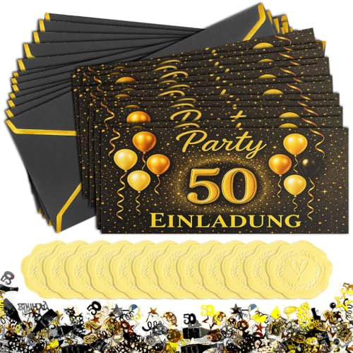 WALLFID Geburtstag Einladungskarten Schwarz Gold – 12 Stück Einladungskarten mit Umschlägen & Deko, Glitzer Design, Perfekt für Männer & Frauen Geburtstagsfeier (Fifty years old)