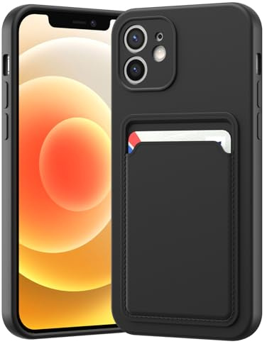 LVVFEI Kartenfach Hülle für iPhone 12 6,1 Zoll, Silikon hülle mit Kartenhalter Soft TPU Handyhülle für Männer und Frauen Geeignet (Schwarz)