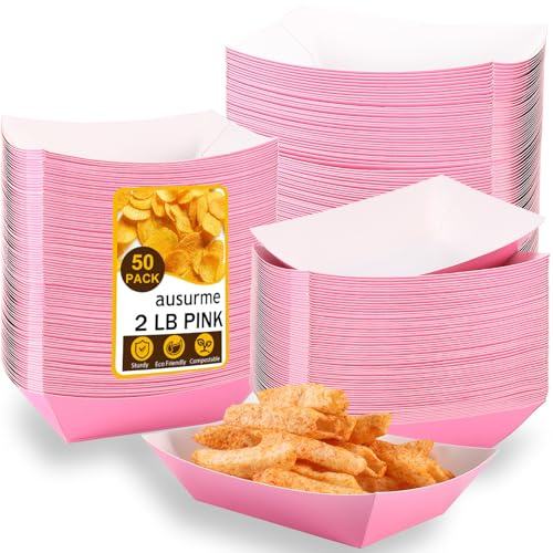 ausurme 50 Pcs Paper Food Trays, 2 Lb, Pink