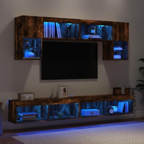 Mandloder Lot de 6 pièces murales avec éclairage LED RVB, bois de chêne fumé, montage mural, ensemble de meubles TV pour salon, design polyvalent