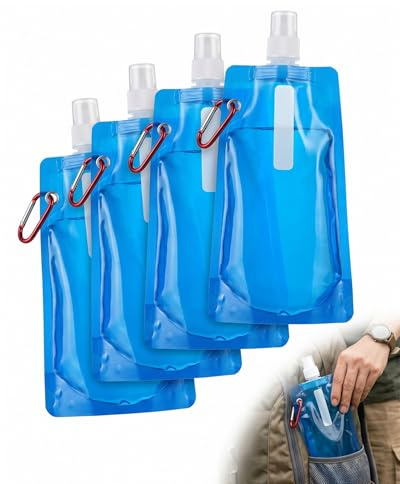 YIPFEN Borraccia Pieghevole 4 Pezzi Blu - Morbida, Senza BPA, Robusta e Riutilizzabile in Plastica. Ideale per Sport Outdoor, Viaggi, Trekking; Leggera e Salvaspazio.