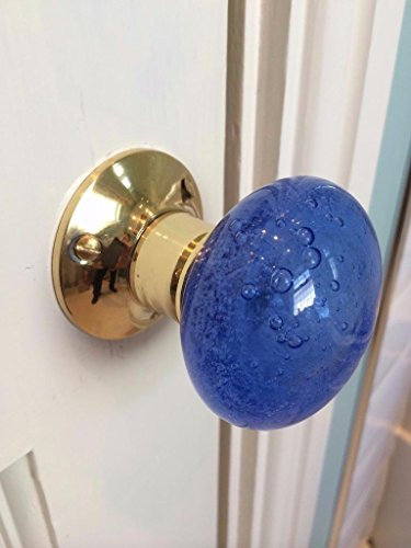 Chattels Beautiful Pair of Large Contemporary/Retro Round Blue Smooth Bubble Glass Brass Mortice Door Knobs/Handles PL