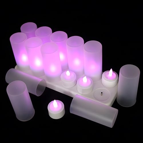 EuroFone Flameless LED Teelicht Kerze wiederaufladbare LED Kerzen mit Cup 12pcs (Purple with remote)
