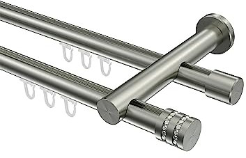 Interdeco Edelstahl Optik Innenlauf Gardinenstange 20 mm Ø doppelläufig Platon Estana, 200 cm