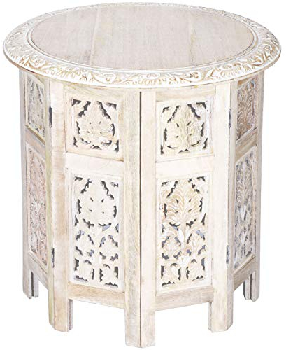 Boho Deko Tisch Beistelltisch aus Holz Ashkar Weiss ø 45cm groß rund | Orientalischer runder Hocker Blumenhocker orientalisch klein | Orientalische runde kleine Beistelltische klappbar