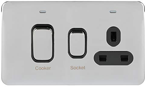 Schneider Electric GGBL4001BPC Lisse Screwless Deco, Switched Cooker Control Unit, Double Pole, Neon Indicator, Polished Chrome with Black Insert, 13 A Single Power Socket, D45 A