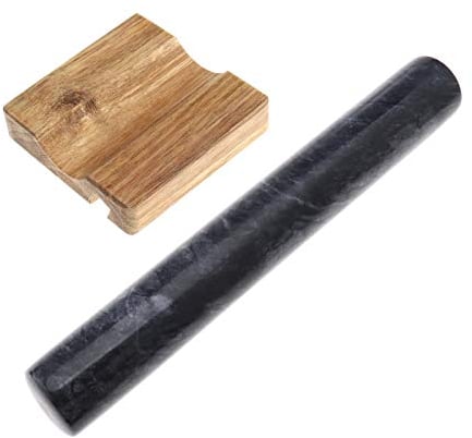 Create idea Marble Rolling Pin French Polished with Wooden Cradle Cellphone Holder Set Dough Roller Baking Pastry Pizza 12inch Black