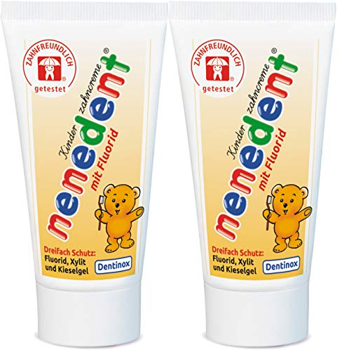 nenedent Kinderzahncreme mit Fluorid, Himbeer-Erdbeer-Aroma, 2er Pack (2 x 50ml)