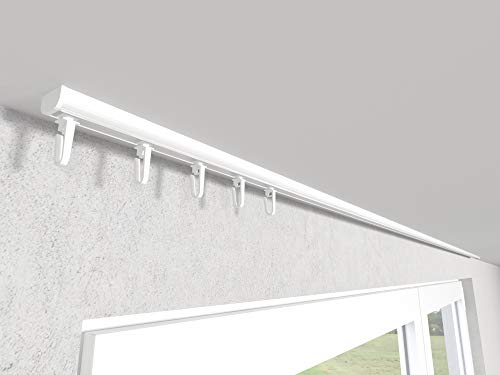 Market-Alley Vorhangschiene Aluminium Weiß/Schwarz Gardinenschiene ; B 1-läufig ; 120cm-600cm. Für Kräuselband Gardinen oder Schiebevorhang (Weiß Gardinenschiene mit Faltenlegehaken ; 180cm)