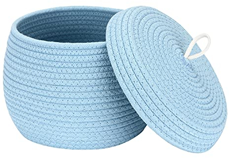 Sea Team Eleganter runder Baumwollseil-Aufbewahrungskorb mit Deckel - Multifunktionaler Organizer für Snacks, Handtücher uvm. - Ideal für Ihr Zuhause, 10 x 7,5 Zoll (Klein, Blau)
