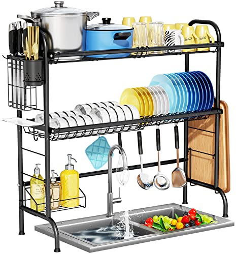 HOWDIA Escurridor de platos para colocar sobre el fregadero, acero inoxidable de 3 niveles, grande sobre el fregadero con soporte para utensilios, escurridores de platos para encimera de cocina