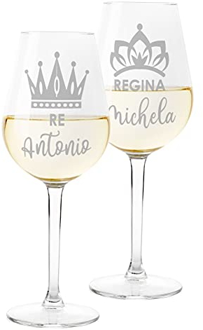 Colorfamily Coppia Calici Personalizzati Set da 2 calici Vino Personalizzati con Nome Re Regina - Bicchiere in Vetro 500 ml