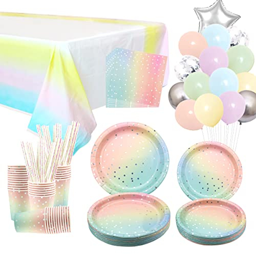 Sliver Dot Rainbow Party Geschirr Supplies - Teller, Becher, Servietten, Strohhalme, Ballon, Tischdecke für Regenbogen Pastell Geburtstag Babyparty Hochzeit Party Dekoration - Serves 25
