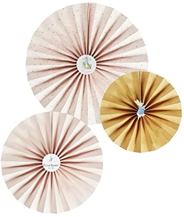 Smiffys Peter Rabbit Classic Tableware Party Paper Fans x3 with 3 Sizes, 20 cm, 25 cm & 30 cm, Official License Partyware for Birthday Celebrations & Themed Events, Ideal for Decorating