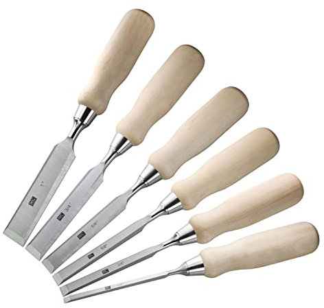 6 Piece Bevel Edge Wood Chisel Set 1/4 inch(6mm), 3/8 inch(10mm), 1/2 inch(12mm), 5/8 inch(16mm), 3/4 inch(20mm), 1 Inch(26mm) with Hornbeam Handles and Stainless Steel Ferrules